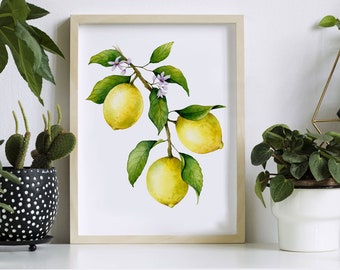 Plant Poster 'Lemons' | kitchen wall art | botanical watercolor illustration | green wall decoration | home decor | kitchen prints fruit