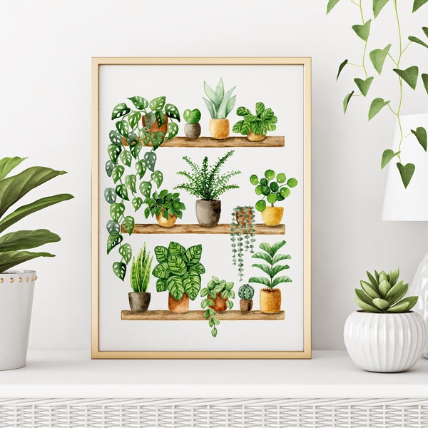 Pflanzen Poster 'Plant Shelfie 2' Großformat | Fine Art Druck | botanische Kunst | Wanddekoration | Aquarell Malerei | kleines Geschenk