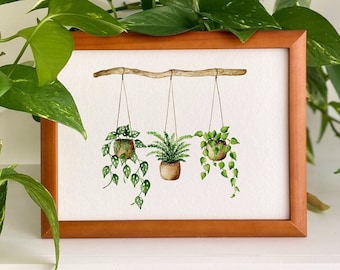 Hanging plants poster, botanical art print, green wall deco, watercolor houseplants painting