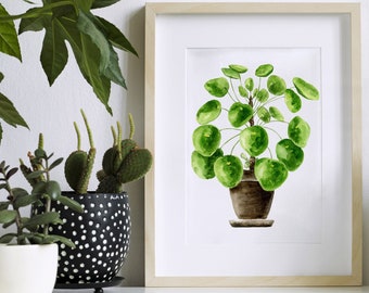 Affiche de plante 'Potted Pilea' toutes tailles | | d’impression d’art | d’illustration botanique à l’aquarelle décoration murale verte | | de décoration intérieure petit cadeau