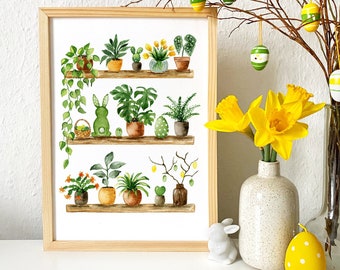 Spring plant shelfie art print, botanical wall art, easter decorations, houseplants poster, plant lover gift, watercolour painting