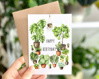 Birthday card A6 'Happy birthday', plants greeting card, fine art print, plantlover gift card, watercolor greenery card, birthday postcard