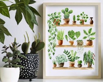 Plant Poster 'Plant Shelfie' all sizes | fine art print | botanical watercolor illustration | green wall decoration | home decor | gift
