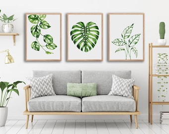 Set of 3 Monstera leaf prints, botanical print set, gallery wall decor, tropical plants art