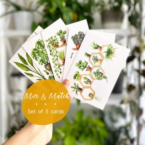 5 postcards of your choice - A6 | postcard set of 5, plant card illustration, botanical art, watercolor houseplants collection, card bundle