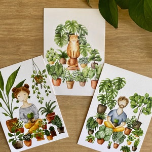 Cat lover card, cat art, gifts for cat lovers, cat and plant illustration, pet watercolor, jungle cat, house plants painting image 4