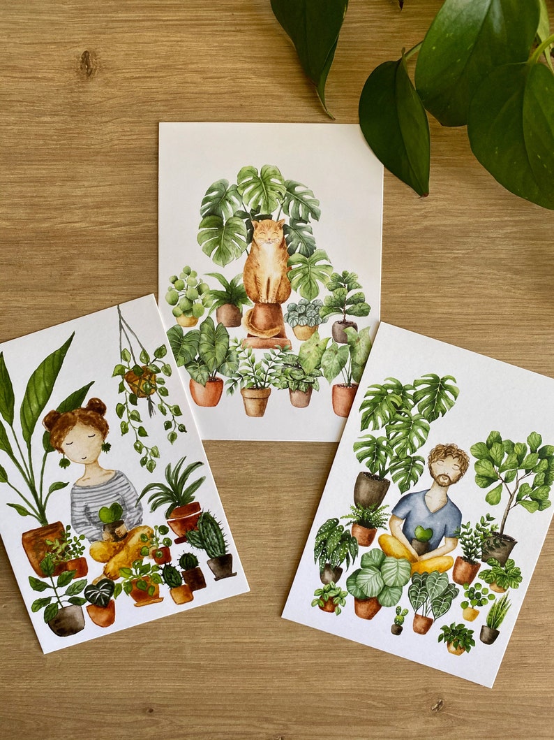 Cat lover card, cat art, gifts for cat lovers, cat and plant illustration, pet watercolor, jungle cat, house plants painting image 4