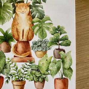 Cat lover card, cat art, gifts for cat lovers, cat and plant illustration, pet watercolor, jungle cat, house plants painting image 5