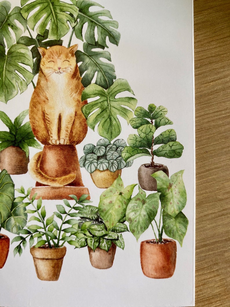Cat lover card, cat art, gifts for cat lovers, cat and plant illustration, pet watercolor, jungle cat, house plants painting image 5