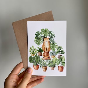 Cat lover card, cat art, gifts for cat lovers, cat and plant illustration, pet watercolor, jungle cat, house plants painting image 9