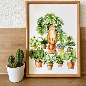 Cat lover card, cat art, gifts for cat lovers, cat and plant illustration, pet watercolor, jungle cat, house plants painting image 10