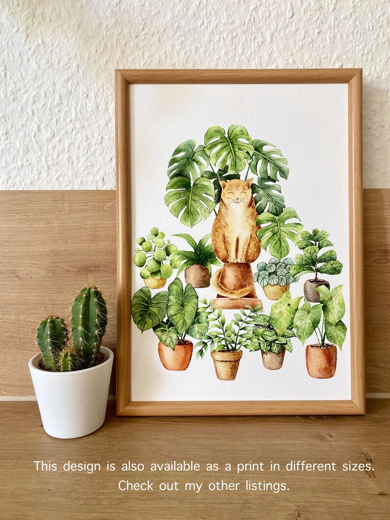 Cat lover card, cat art, gifts for cat lovers, cat and plant illustration, pet watercolor, jungle cat, house plants painting image 10