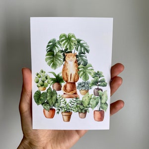 Cat lover card, cat art, gifts for cat lovers, cat and plant illustration, pet watercolor, jungle cat, house plants painting image 7