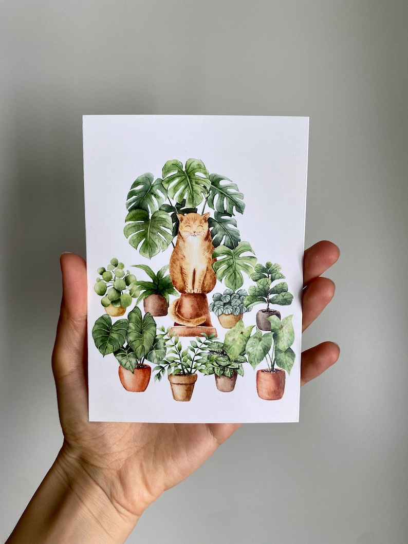 Cat lover card, cat art, gifts for cat lovers, cat and plant illustration, pet watercolor, jungle cat, house plants painting image 7