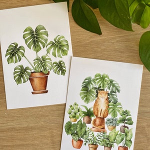 Cat lover card, cat art, gifts for cat lovers, cat and plant illustration, pet watercolor, jungle cat, house plants painting image 2