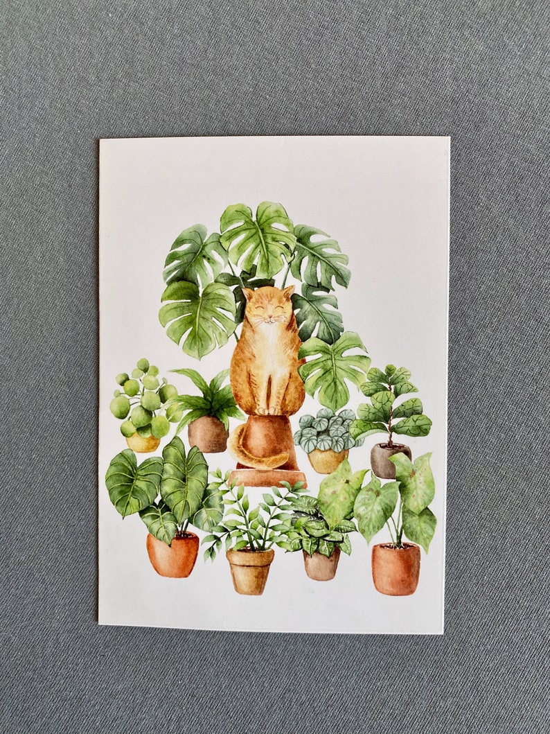 Cat lover card, cat art, gifts for cat lovers, cat and plant illustration, pet watercolor, jungle cat, house plants painting image 8