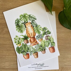 Cat lover card, cat art, gifts for cat lovers, cat and plant illustration, pet watercolor, jungle cat, house plants painting image 6