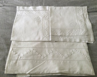 Antique French pure linen sheet and matching pillowcases