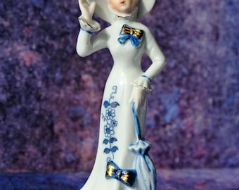 Vintage Porcelain Lady Figurine with Umbrella - Made in Taiwan, Blue & White Hand Painted