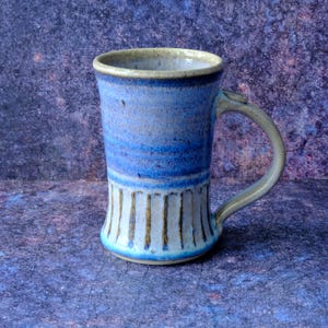 Vintage Signed Studio Pottery Ceramic Mug Initials KH, Hand Thrown Blue Glazed Coffee Cup with Ribbed Base, Rustic Stoneware Mug 1980s