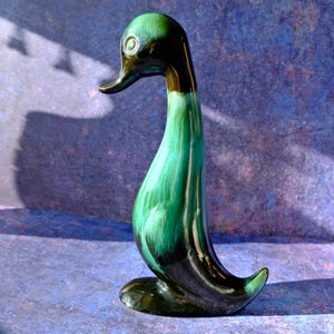 Vintage Blue Mountain Pottery Duck Figurine, Canadian Art Pottery, Mid-Century Modern Green Drip Glaze
