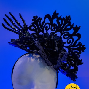 Halloween Fascinator Black Damasked with Skeleton Arm
