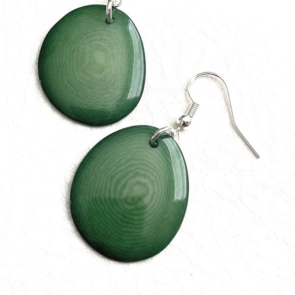 Tagua Earrings in Green TAG272, Organic Vegetable Ivory Earrings, Tagua Nut Jewelry, Sterling Silver Fishhook