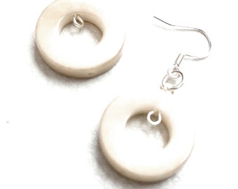 Tagua Earrings in White TAG215, Organic Vegetable Ivory Earrings, Ivory white Tagua Nut Jewelry, Sterling Silver Fishhook
