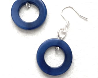 Tagua Earrings in Blue TAG215, Organic Vegetable Ivory Earrings, Tagua Nut Jewelry, Sterling Silver Fishhook