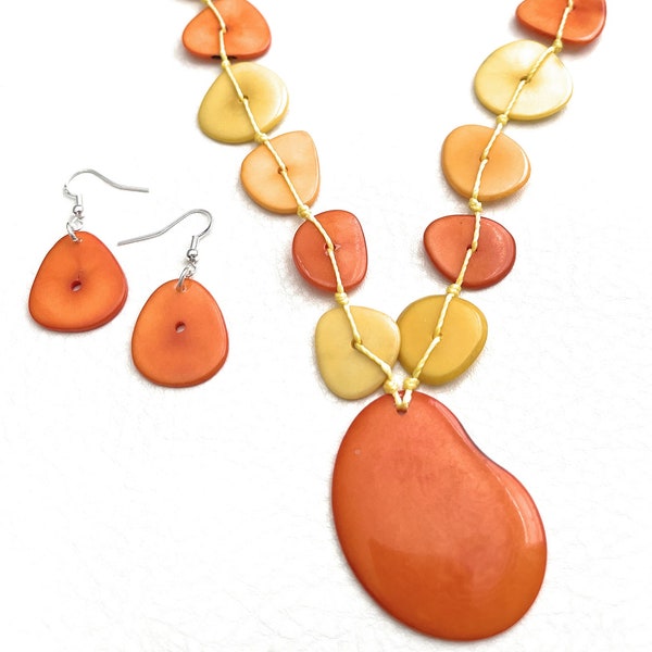 Tagua Necklace in Orange, Yellow TAG667, Statement Vegetable Ivory Adjustable Necklace, Long Necklace, Eco Friendly