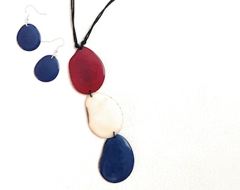 Tagua Necklace and Earrings in Red, White, Blue TAG169B, Vegetable Ivory Necklace, Handmade Jewelry, Tagua Nut Necklace