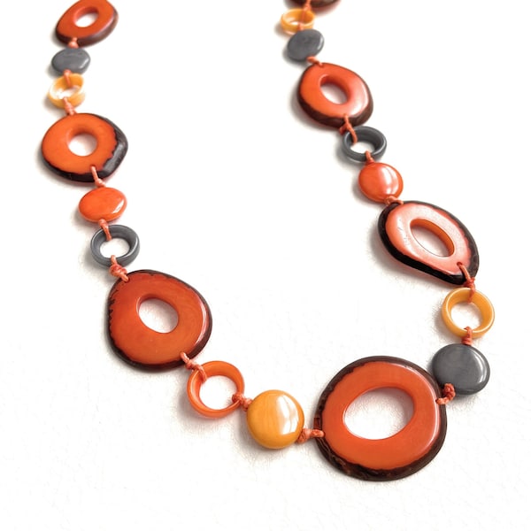 Tagua Nut Necklace in Orange TAG730, Tagua Nut Bib Necklace, Statement Vegetable Ivory Adjustable Necklace, Eco Friendly Necklace