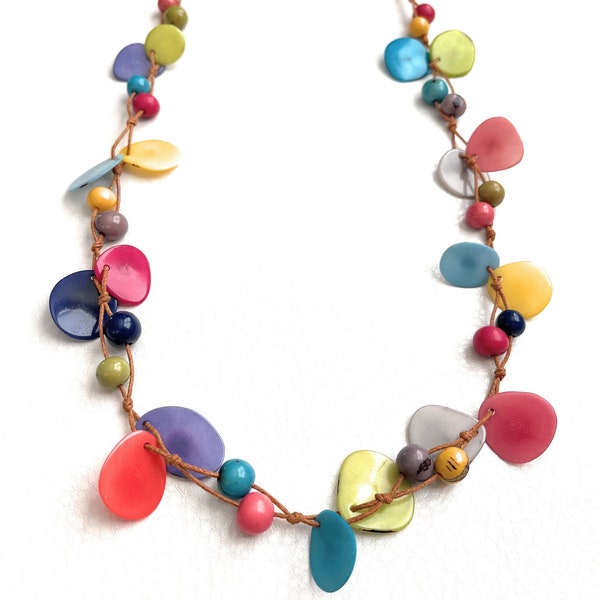 Collier de noix de tagua arc-en-ciel TAG695, collier ivoire végétal tendance, collier long, collier écologique Frindly