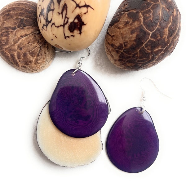 Tagua Earrings in Purple / Plumb TAG199, Organic Vegetable Ivory Earrings, Tagua Nut Jewelry, Sterling Silver Fish Hook