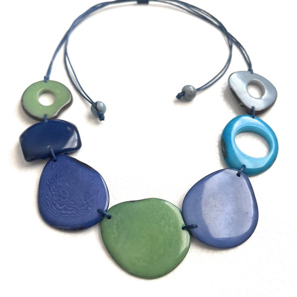 Tagua Necklace in Blue, Green TAG613, Statement Vegetable Ivory Necklace, Long Necklace, Eco Friendly Necklace