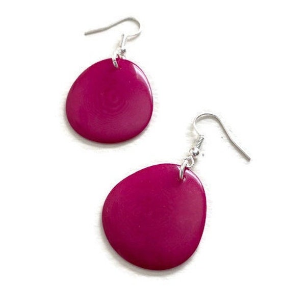 Tagua Earrings in Fuchsia TAG272, Organic Vegetable Ivory Earrings, Tagua Nut Jewelry, Sterling Silver Fish Hook