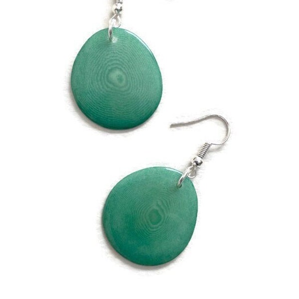 Tagua Earrings in Aqua Green TAG272, Organic Vegetable Ivory Earrings, Tagua Nut Jewelry, Sterling Silver Fish Hook