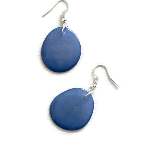 Tagua Earrings in Blue TAG272, Organic Vegetable Ivory Earrings, Tagua Nut Jewelry, Sterling Silver Fish Hook