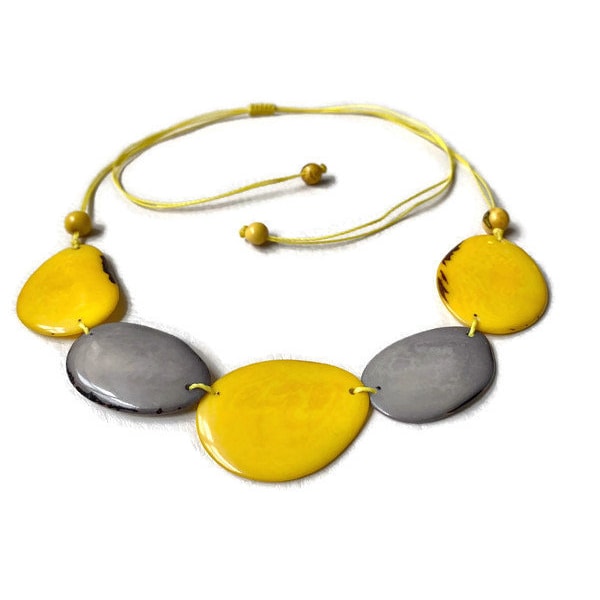 Tagua Necklace in Yellow, Gray TAG156, Statement Vegetable Ivory Necklace, Long Necklace, Eco Friendly Necklace