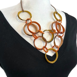 Tagua necklace in orange, yellow, peach TAG741, adjustable bib necklace, light weight Tagua nut jewelry