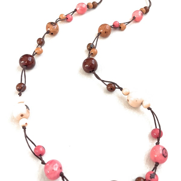 Tagua Nut Necklace in Pink, Brown, Beige TAG592, Statement Vegetable Ivory Necklace, Long Necklace, Eco Friendly Necklace