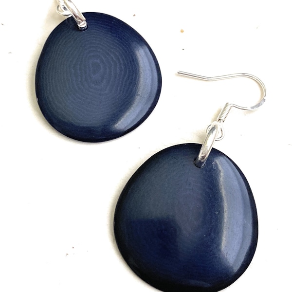 Tagua Earrings in Navy Blue TAG272NBL Organic Vegetable Ivory Earrings, Tagua Nut Jewelry, Sterling Silver Fish Hook