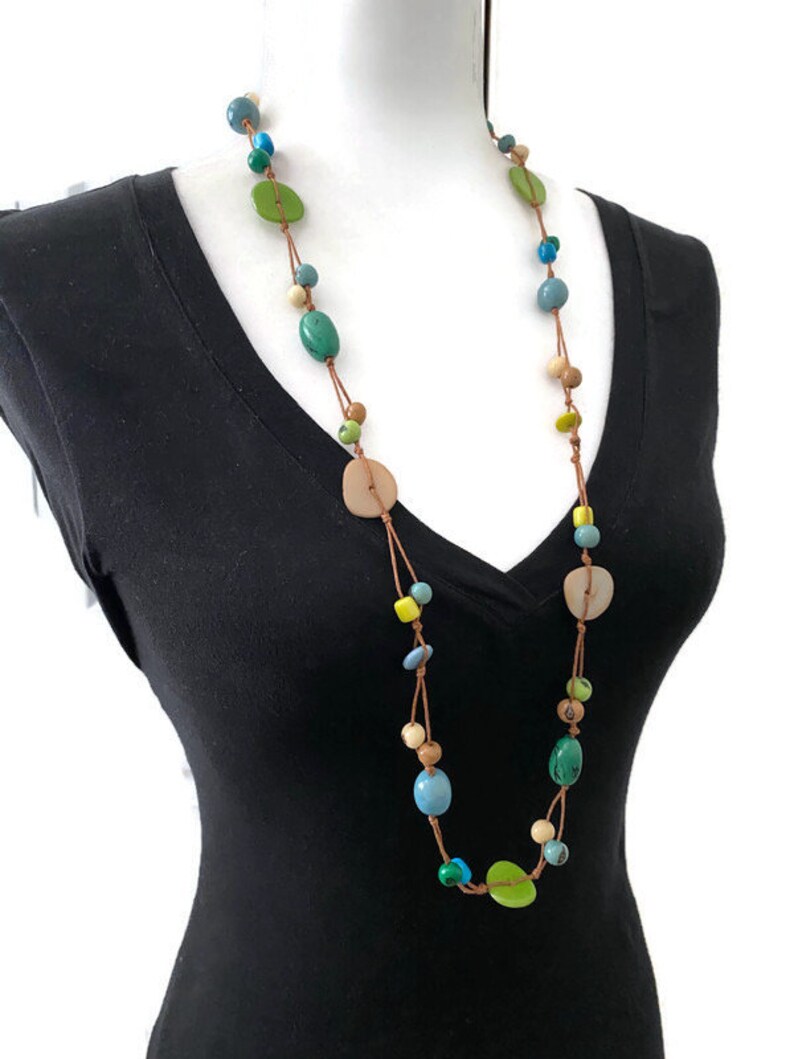 Tagua Nut Necklace and Earrings in Blue Green Beige TAG541 - Etsy