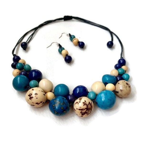 Tagua ketting in blauw, beige TAG615, verklaring plantaardig ivoor verstelbare ketting, lange ketting, eco-vriendelijk