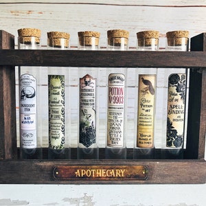 Set 1 Apothecary Potion Stand with 6 Potion Test Tubes, Magic Potion Rack, Potion Label, Glass Potion Vial, Potion Bottle Rack, Witch Potion