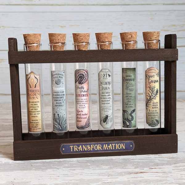 Set 2 Transformation Potion Stand with 6 Potion Test Tubes, Magic Transformation Rack, Apothecary Potion Label, Witch Potion Bottle Rack