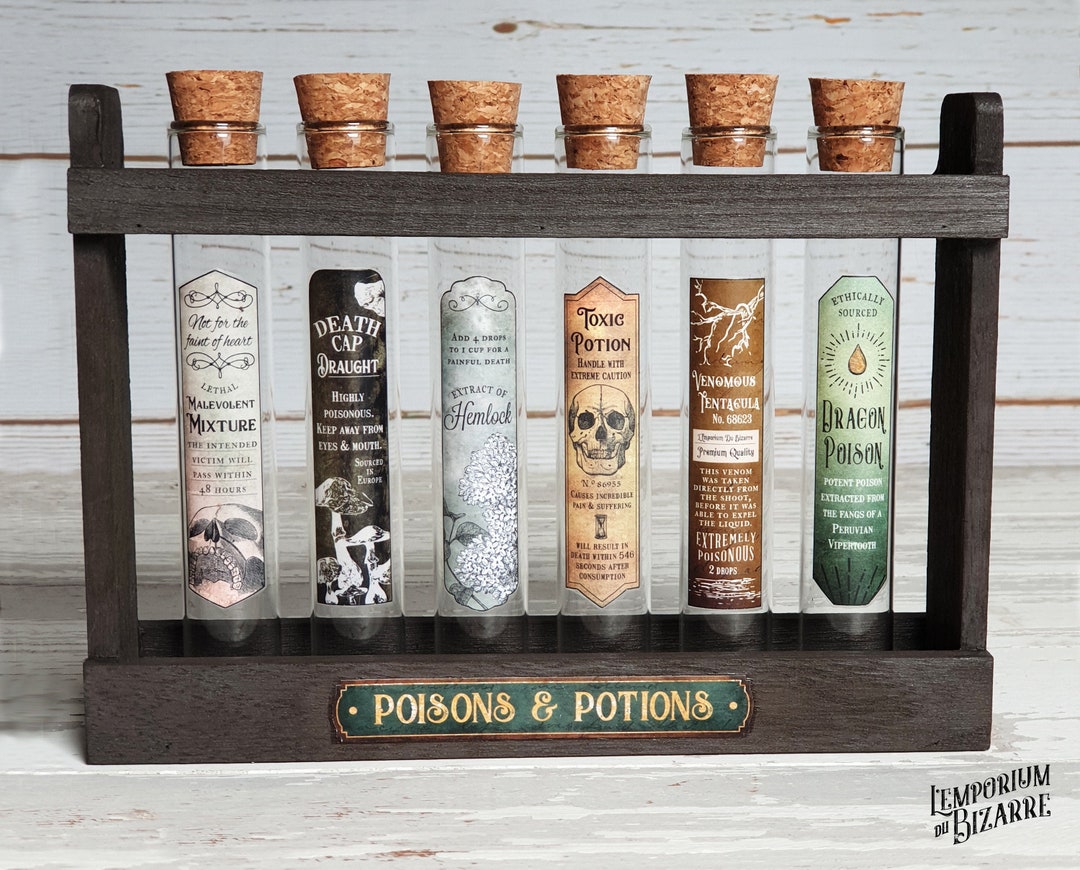 Set 3 Poisons & Potions Stand With 6 Potion Test Tubes, Dark Magic