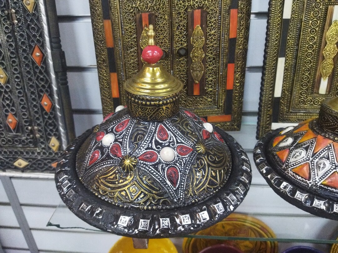 Moroccan Rustic Ceramic Tagine With Metal & Bone Inlaysunique Serving