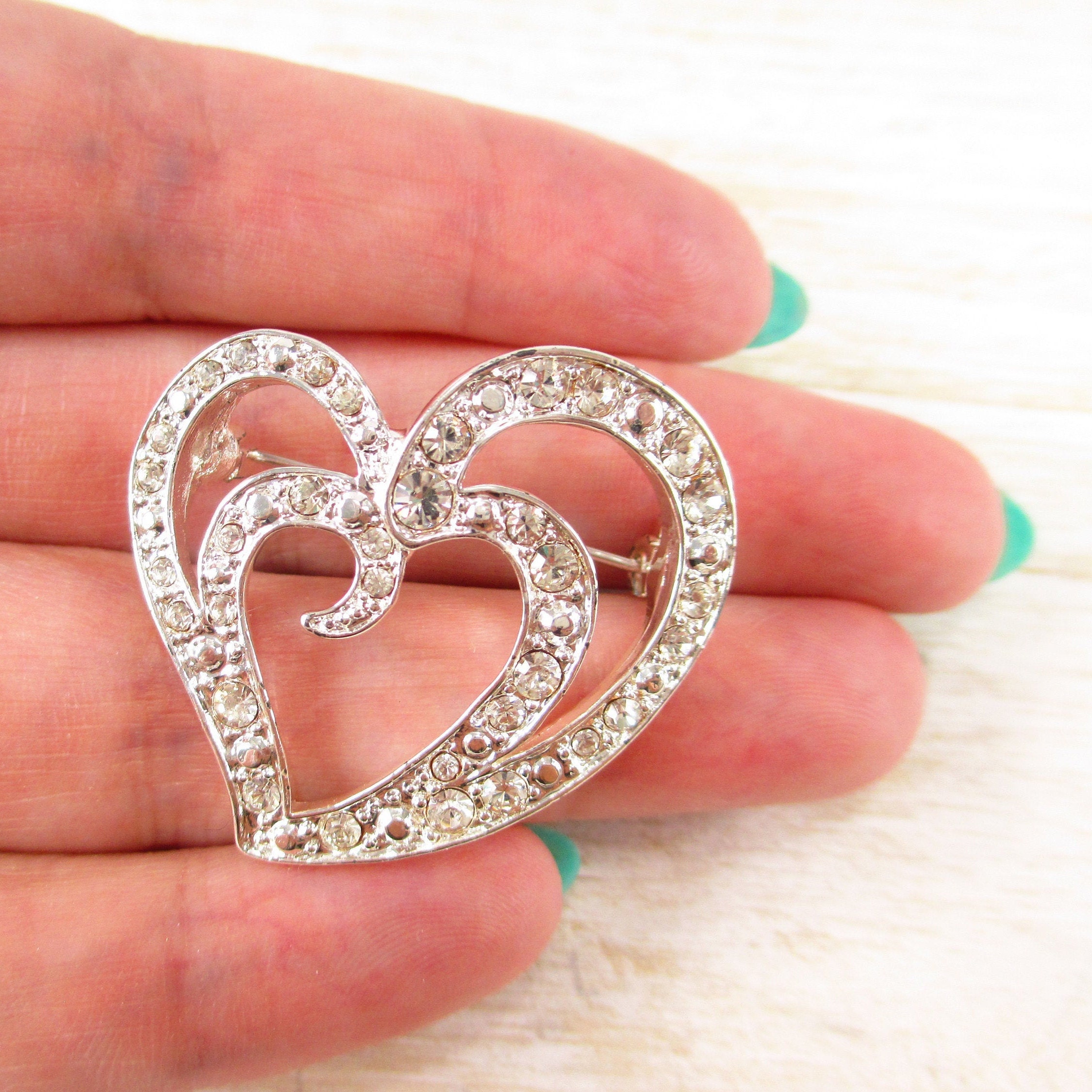 Vintage Silver Tone Metal and Pink Rhinestone Brooch