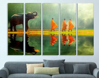 Buddha Canvas, Buddha Wall Art, Buddha Painting, Buddha Art, Buddhist, Monk Artwork On Canvas, Young elephant with Monk, Religion decor art